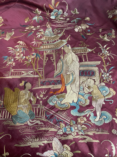 Antique Silk Embroidered Wallhanging with Birds and Mythological Figures: C19th China for export to Europe