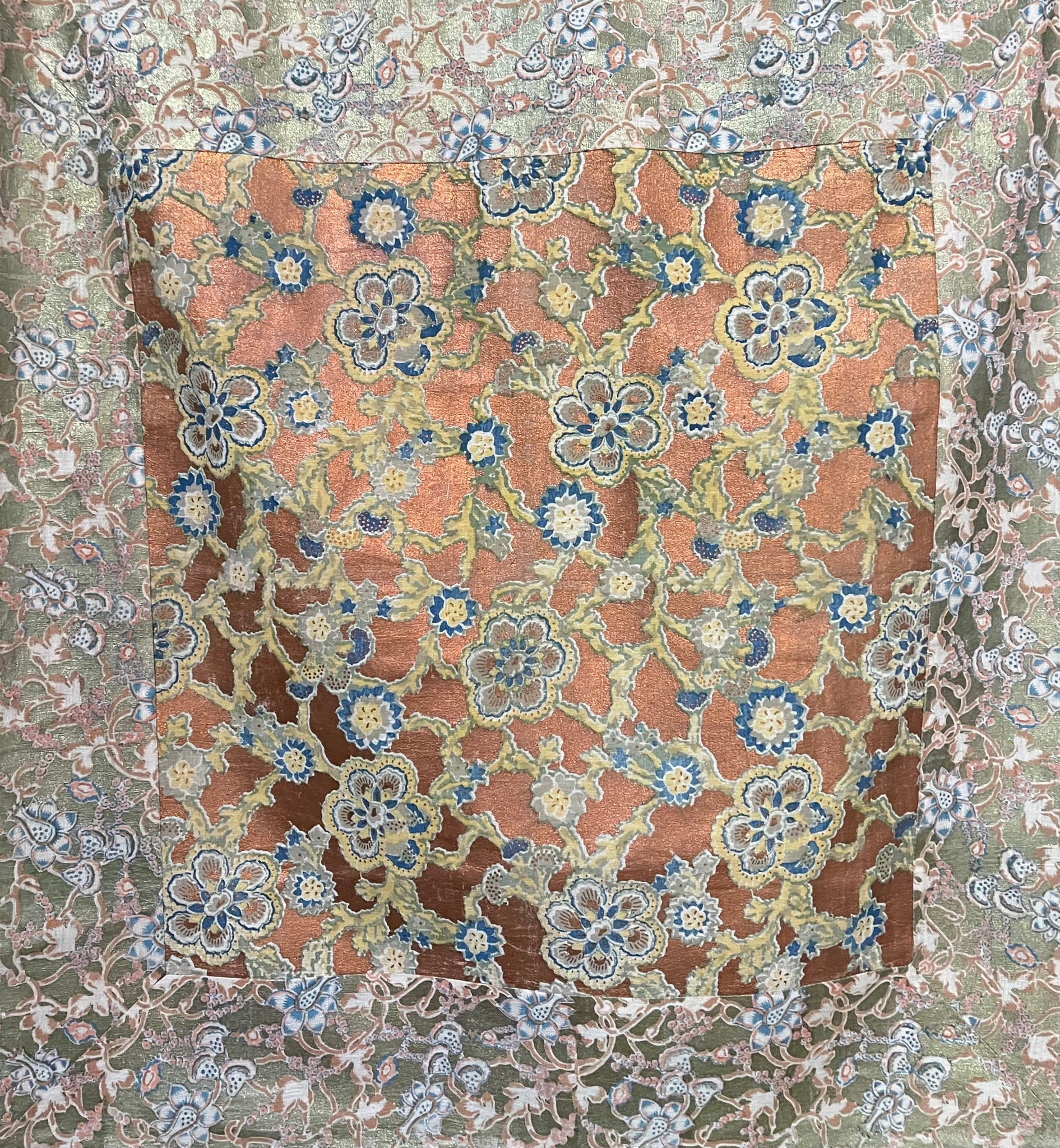 Traditional Block Printed Panel Wrapper Florals with Copper and Gold: C1930s Japan