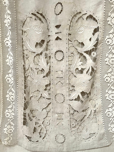 Antique Cutwork Embroidered Richelieu Lace Wallhanging Curtain Panel: C1900 - 1910 France