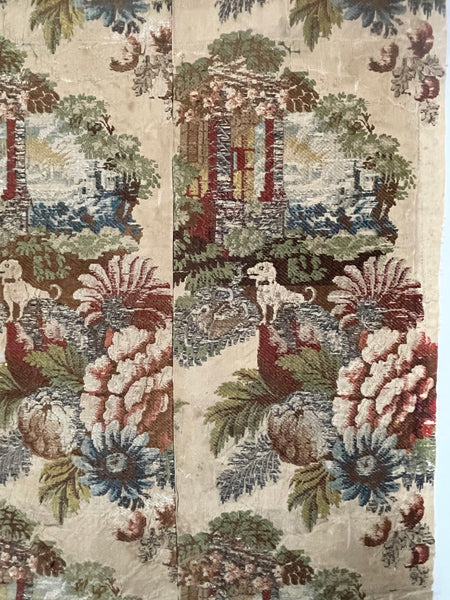 Antique Huguenot Silk Brocade with Architectural Elements and Dogs: C18th Spitalfields, London