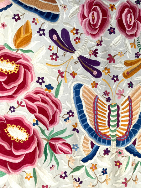 Antique Embroidered Bedcover Throw Curtain with Butterflies Florals Dragonflies: C20th Mexico
