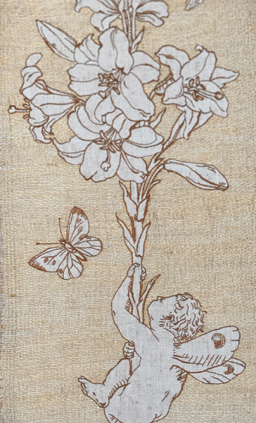 Antique Art Nouveau Silk Embroidery with Cupid & Lily in the manner of Walter Crane: C1900 England