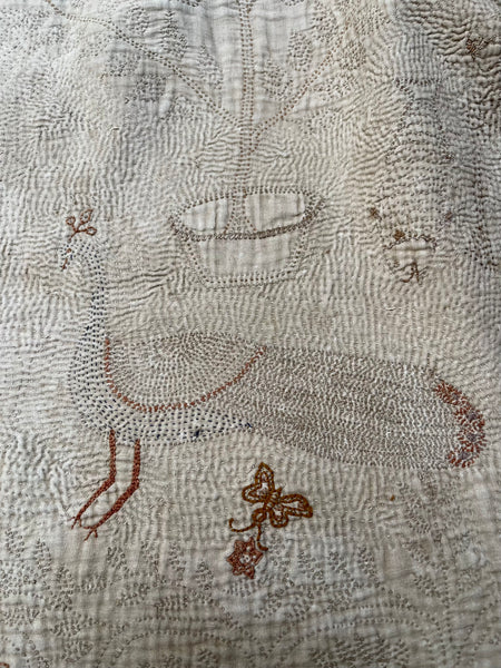 Rare Antique Hand Embroidered Kantha Quilt with Birds & Trees of Life: 19th Century, Bangladesh