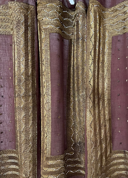 Antique Gold Thread Embroidered Panel Curtain Wallhanging:C20th Indonisia