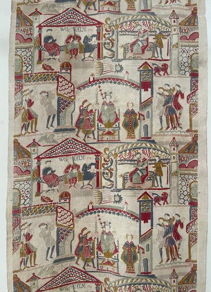 Antique Printed Linen Wallhanging Inspired by Bayeux Tapestry: C1920s Britain