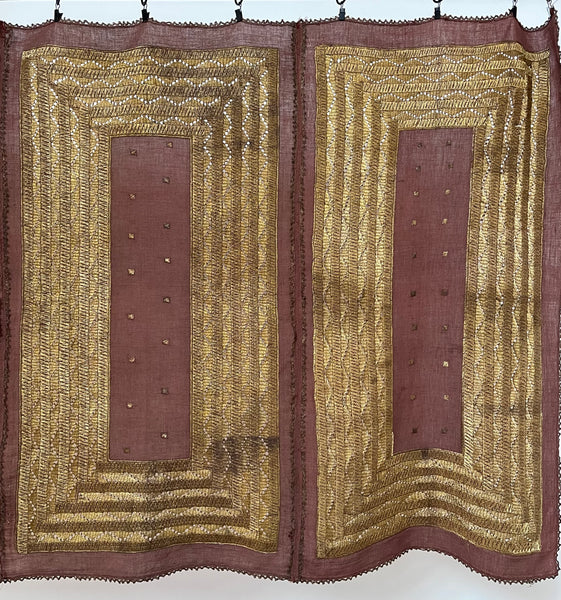 Antique Gold Thread Embroidered Panel Curtain Wallhanging:C20th Indonisia