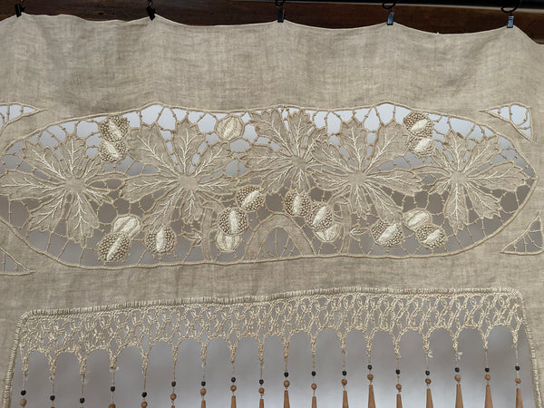 Antique Richelieu Hand Embroidered Pelmet or Café Curtain with Carved Beaded Fringe: C1900 France