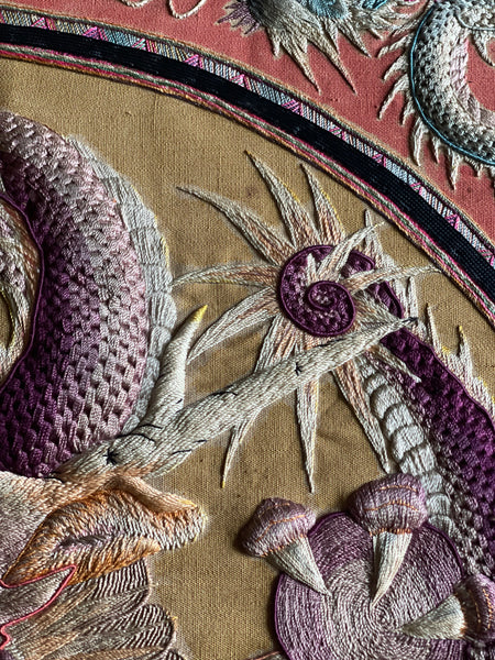Extraordinarily Fine Stumpwork Embroidered Dragon Chasing Pearl: C1900 China