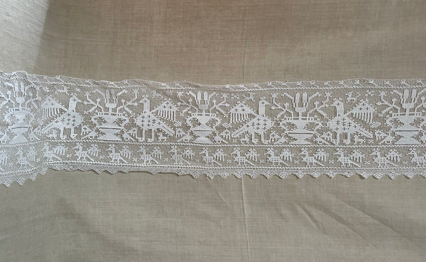 Untitled Antique Filet Lace Valance with Birds & Vases: C19th Europe