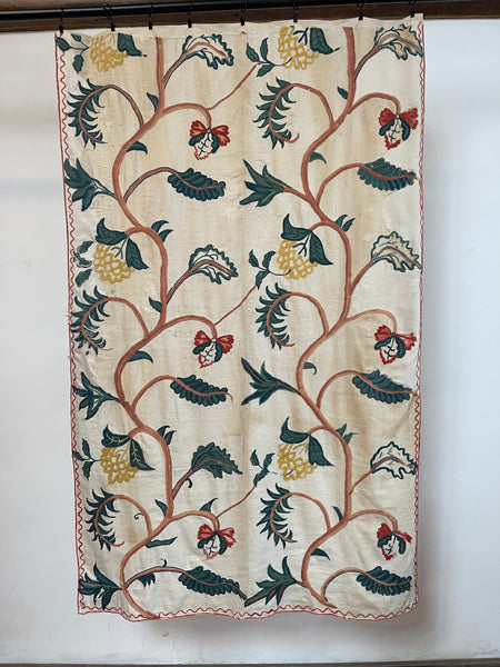 Original Antique Crewelwork Embroidered Bed Hanging: C18th Britain