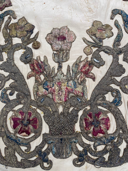 Antique Early Silk and Metal Thread Embroidered Appliqué Panel: C17th Britain