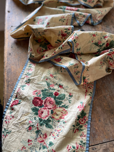 Antique Glazed Chintz Long Panel with Roses & Ribbons: C19th France