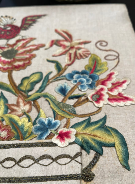 Charming Appliquéd Still Life with Early 18th Century Silk Embroidered Flowers, Bird and Fruit: C1910 English