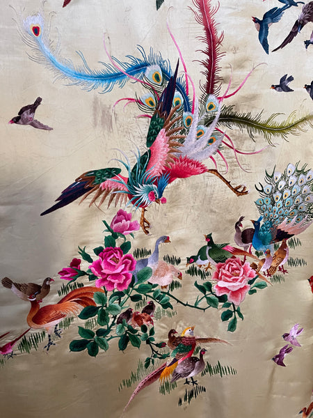 Antique Silk Embroidered Wallhanging with Exotic Birds: C20th China for export