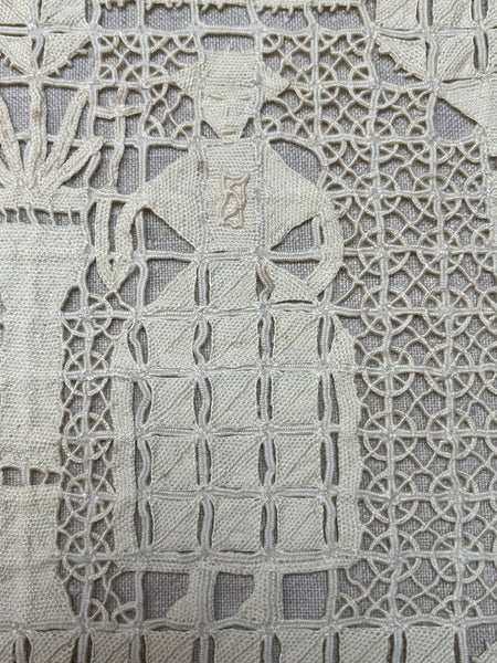 Antique Reticula Needlepoint Figurative Lace Panel Viking Ship: C1910 Europe