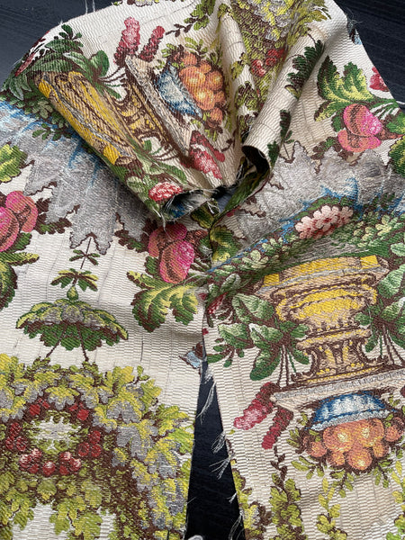Antique Silk Brocade Panel with Urns & Fruit in Bower: C18th France