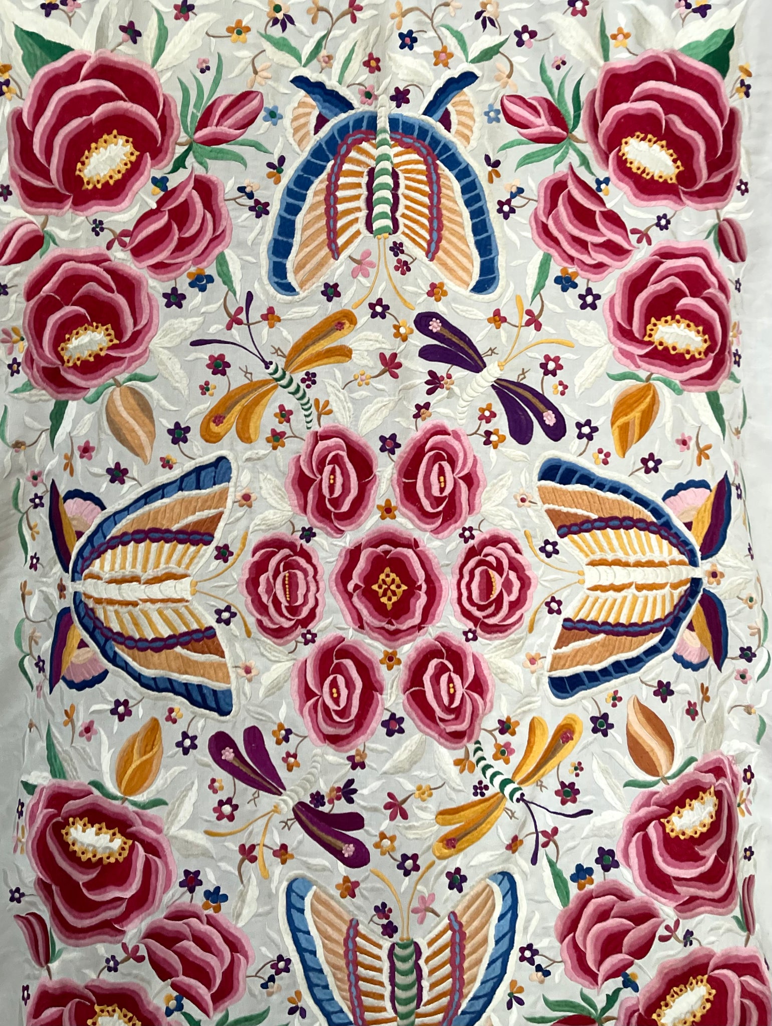 Antique Embroidered Bedcover Throw Curtain with Butterflies Florals Dragonflies: C20th Mexico