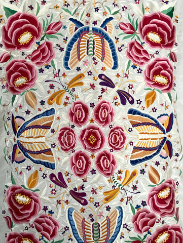 Antique Embroidered Bedcover Throw Curtain with Butterflies Florals Dragonflies: C20th Mexico