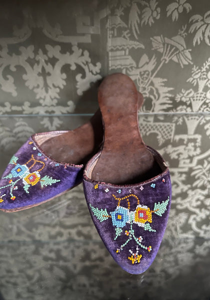 Pair Traditional Beaded Silk Velvet Mules Child’s: C190O Indonisia