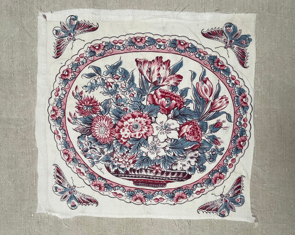 Antique Chintz Panel with Bowl Flowers & Butterflies: C19th France