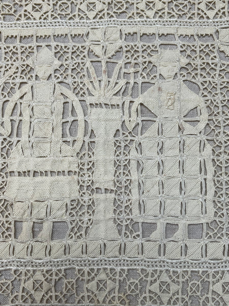 Antique Reticula Needlepoint Figurative Lace Panel Viking Ship: C1910 Europe