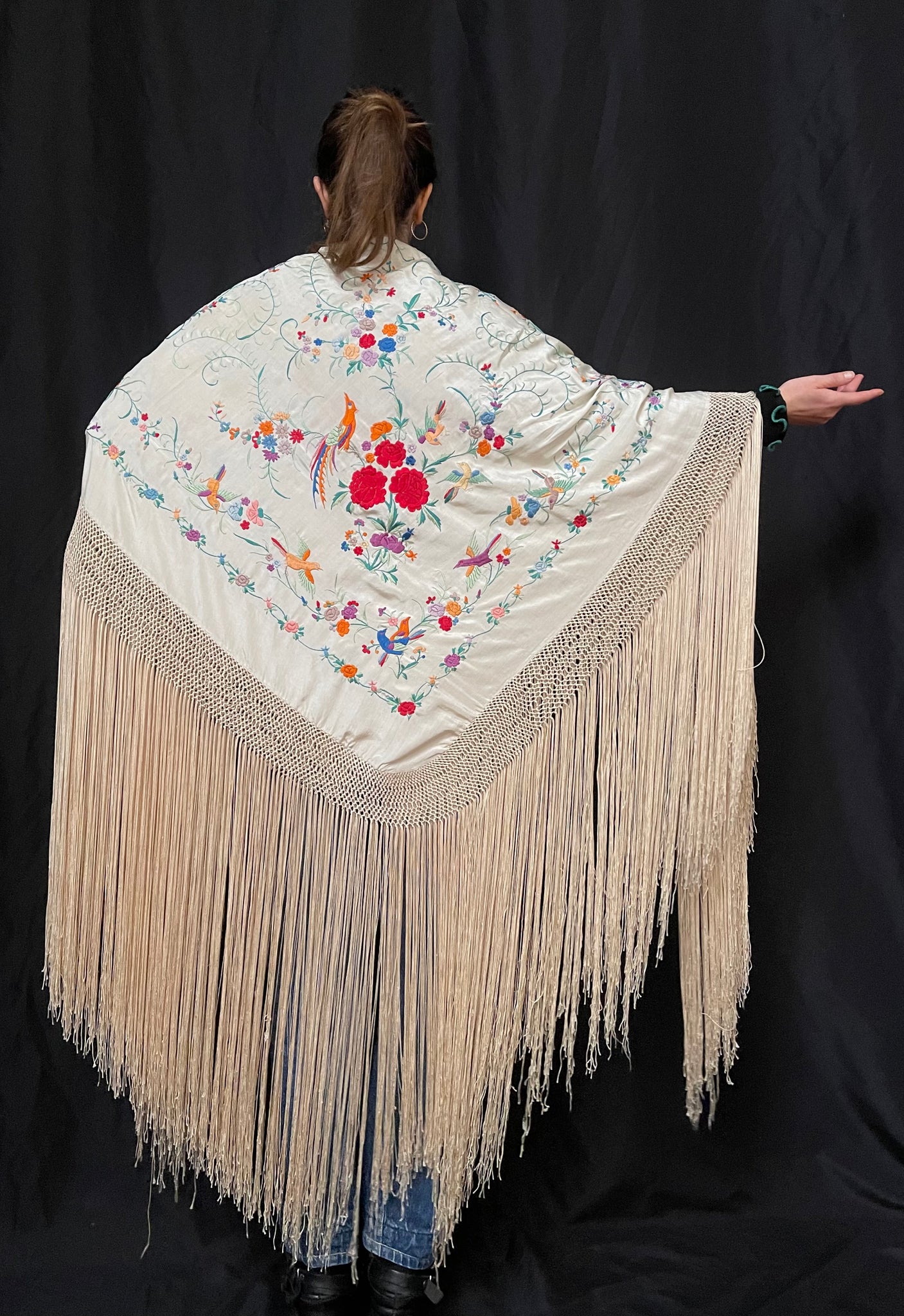Antique Silk Embroidered Piano Shawl with Birds and Florals: C1920 Canton, China