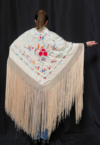 Antique Silk Embroidered Piano Shawl with Birds and Florals: C1920 Canton, China