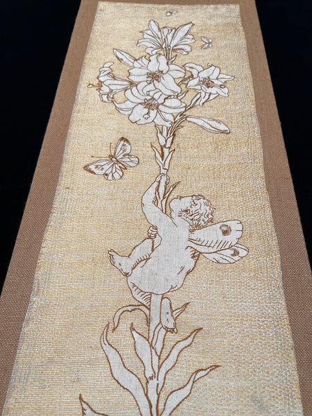 Antique Art Nouveau Silk Embroidery with Cupid & Lily in the manner of Walter Crane: C1900 England