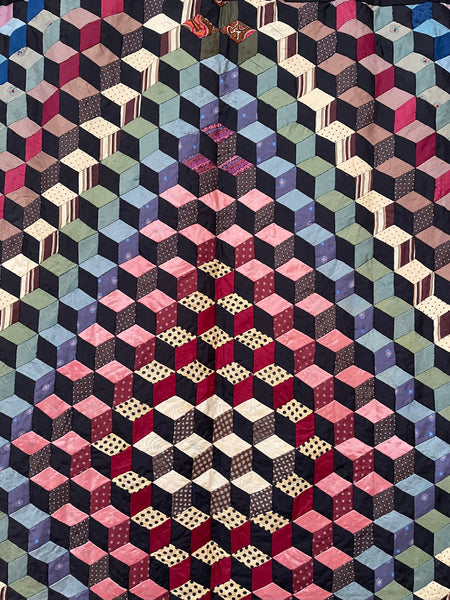 Antique Handmade Tumbling Blocks Silk Patchwork Quilt made with Cravat & Scarf Silks: C1910/20 Britain