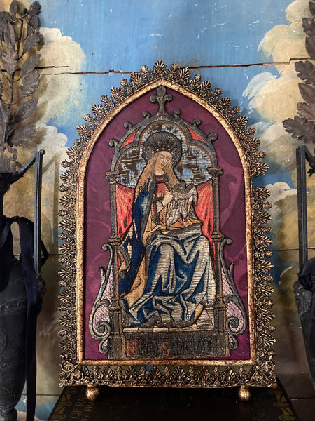 Antique Orphery Embroidery with Mary Queen of Heaven in Gothic Frame: Late C18th / 19th Century England