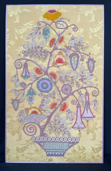 Antique Crewelwork Embroidered Tree of Life in Vase: C1910/20 Vienna, Austria
