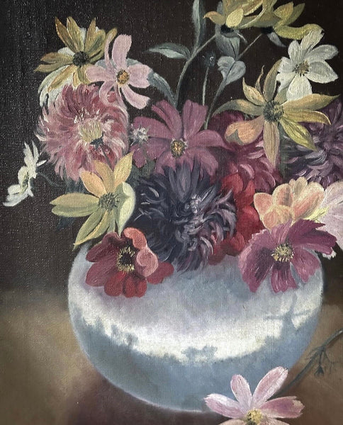 Still life Painting with Vase of Flowers: C1950 British