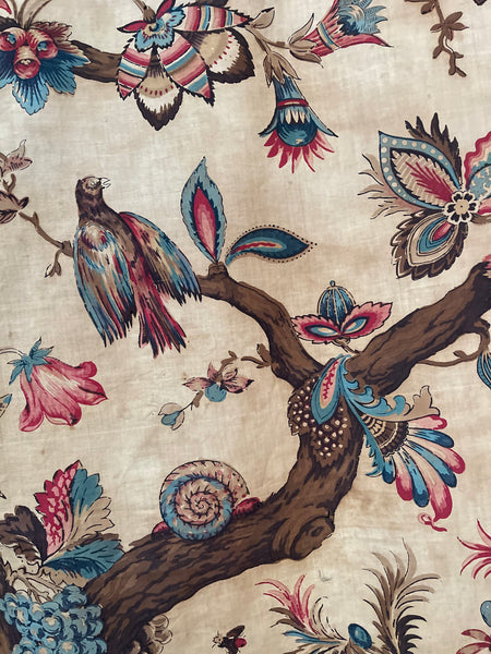 Antique Block Printed Mezzaro Wall Hanging with Tree of Life Ship Figures Giraffe: C1830 Genoa, Italy