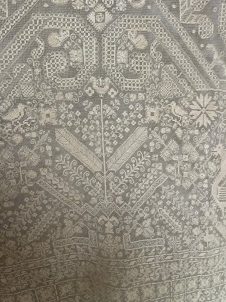 Antique Early Figurative Filet Lace Curtain Mythological Beasts Birds Tree of Life Hand Embroidered: C18th Italy