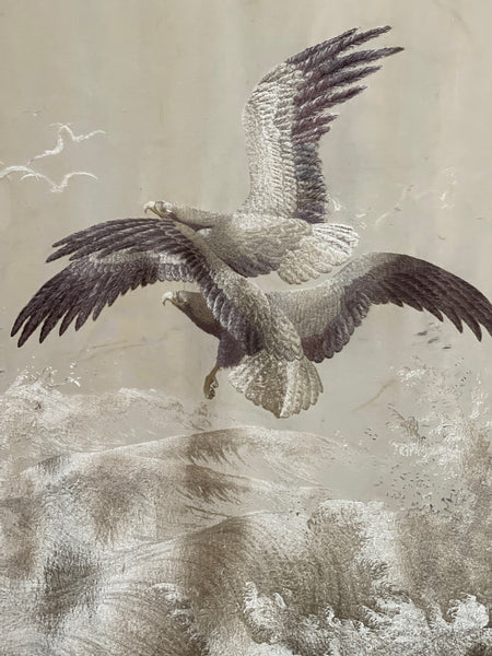 Museum Worthy Silk Embroidered Wallhanging with Waves Auspicious Sea Hawks: C19th Meiji Period, Japan.