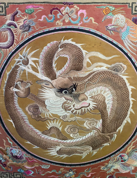 Extraordinarily Fine Stumpwork Embroidered Dragon Chasing Pearl: C1900 Asia