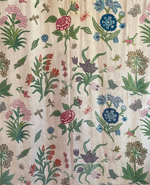 Vintage Jacobean Revival Crewelwork Embroidered Bedcover Quilt: C1970s Kashmir, India for export. 200cm x 220cm