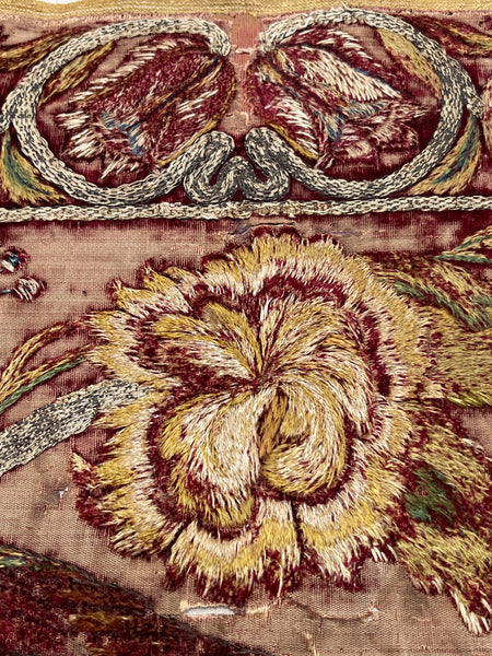 Early Silk and Metal Thread Embroidered Velvet Panel with Peacock and Flowers: C17th Italy or Spain