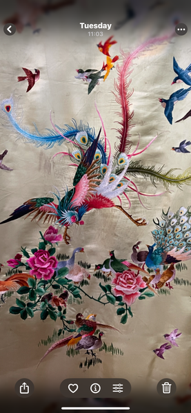 Antique Silk Embroidered Wallhanging with Exotic Birds: C20th China for export