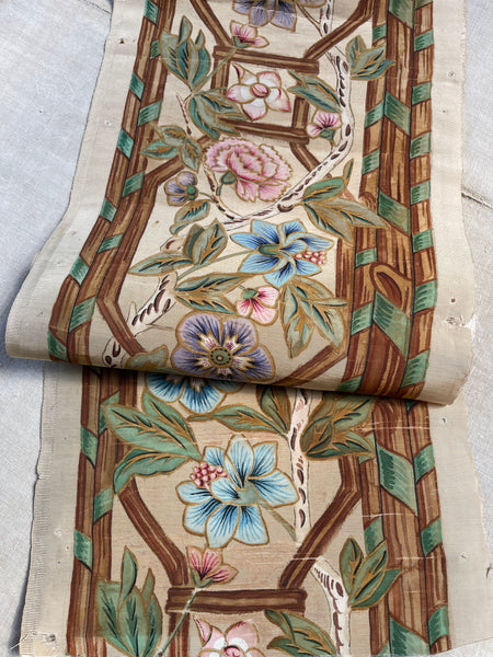 Hand Painted Chinoiserie Silk Panel Border Floral Vine: C1800 France