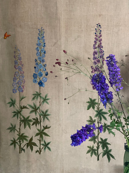 Hand Embroidered Linen Wallhanging with Delphiniums: C1930s Britain
