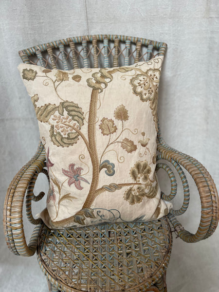 Antique Crewelwork Embroidered Jacobean Revival Tree of Life Cushion Pillow: C1900 Britain