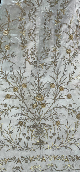 Antique Ottoman Embroidered Powder Blue Silk Satin Gold Embroidered Panels: C19th Turkey