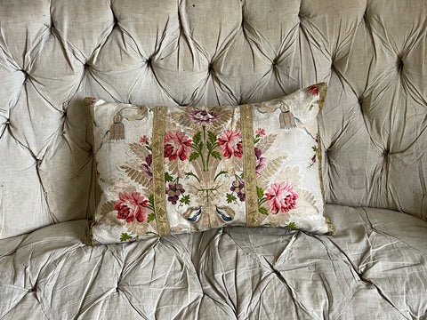 Bespoke Antique Silk Brocade Cushion: C18th Lyon, France