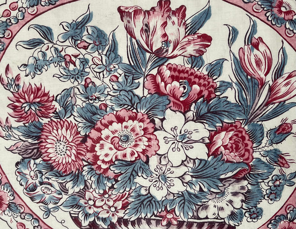 Antique Chintz Panel with Bowl Flowers & Butterflies: C19th France