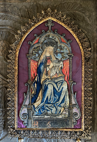 Antique Orphery Embroidery with Mary Queen of Heaven in Gothic Frame: Late C18th / 19th Century England