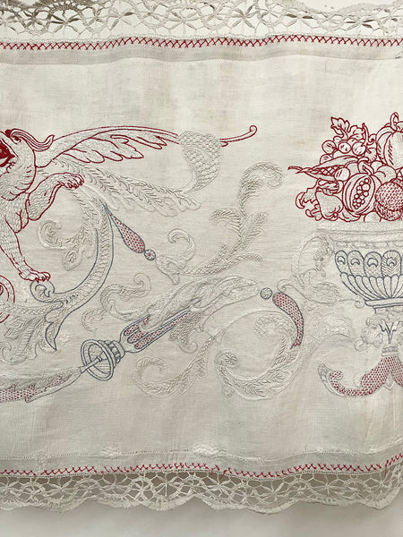 Antique Neo Renaissance White & Red-work Embroidered Pelmet Valance: C1900 Europe