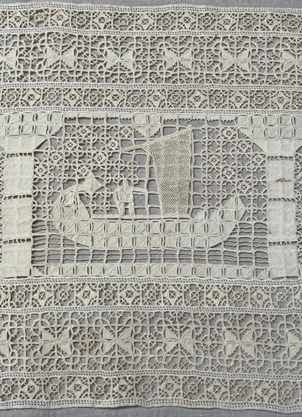 Antique Reticula Needlepoint Figurative Lace Panel Viking Ship: C1910 Europe