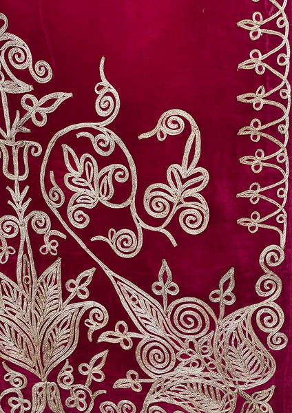 Antique Ottoman Era Magenta Pink Silk Velvet Panel with Traditional Hand Applied Silver Braiding: C19th Algeria