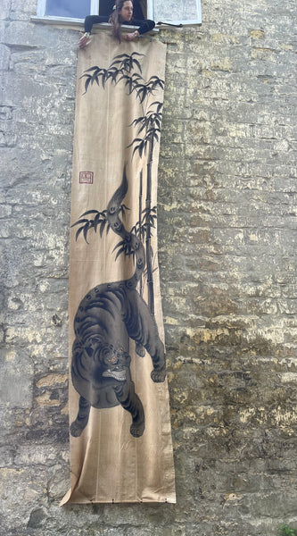 Rare Hand painted Samurai Nobori Banner or Wallhanging with Tiger: C19th Meiji Period, Japan